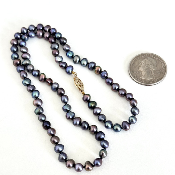 14K Yellow Gold Genuine 6MM Black Pearl Hand Knotted Strand Necklace 18" - Picture 7 of 8